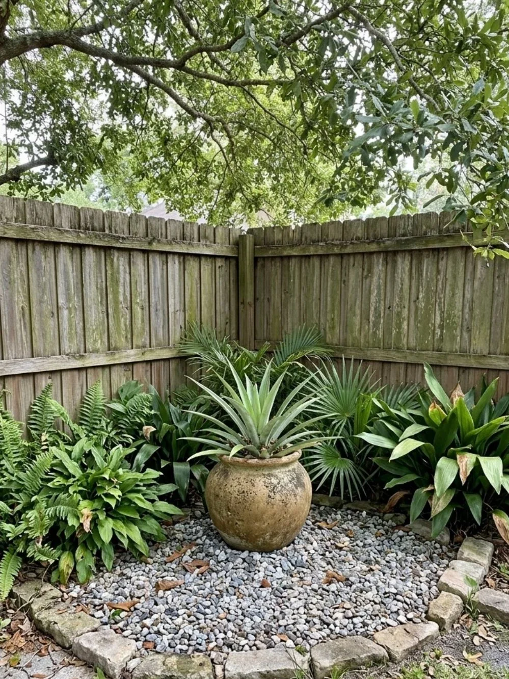 Round pottery planter with spiky green focal plant on gray gravel beneath an oak tree