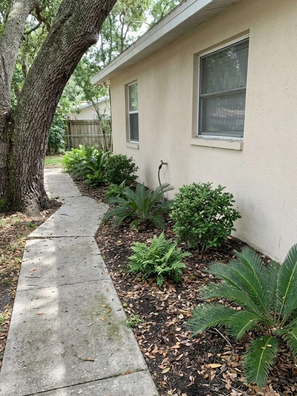 Low-growing shrubs and cycads beneath a mature shade tree along a house walkway