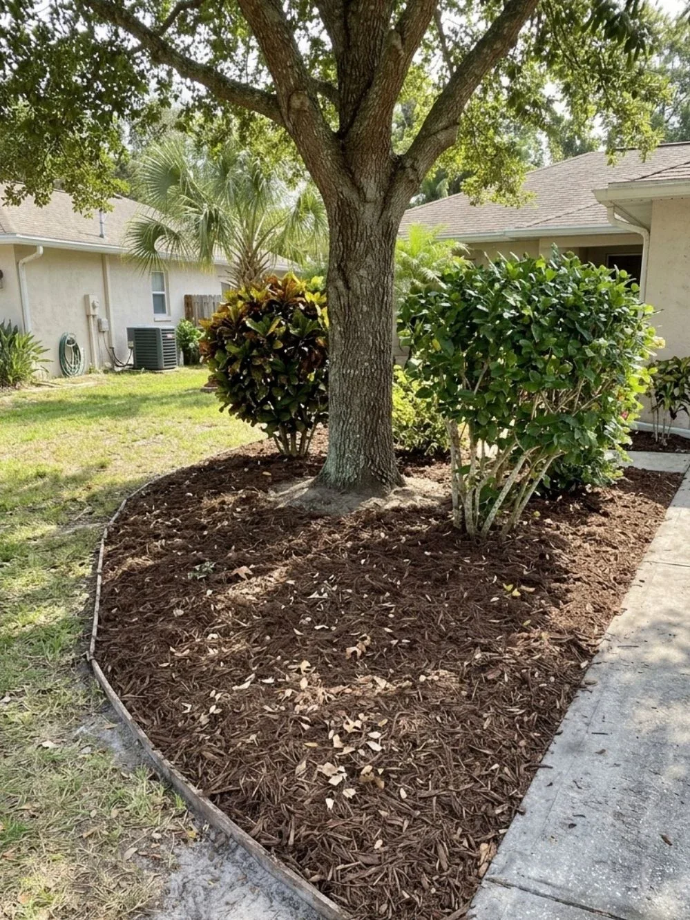 Broad bed of brown wood mulch around a mature shade tree and rounded shrubs beside a walkway