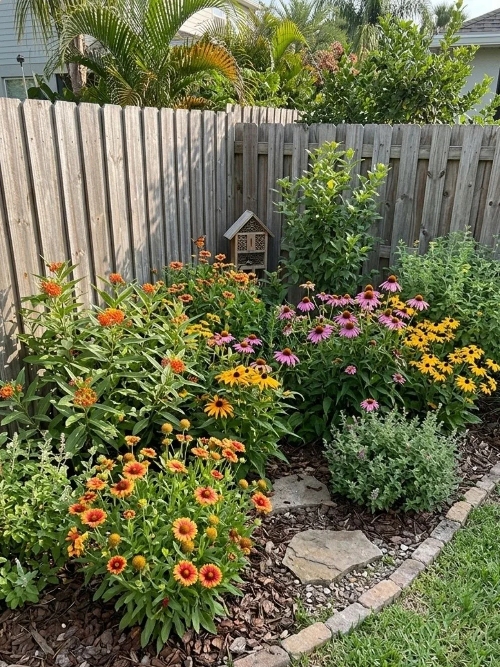 Bright orange, yellow and purple pollinator flowers with insect shelter along a corner fence