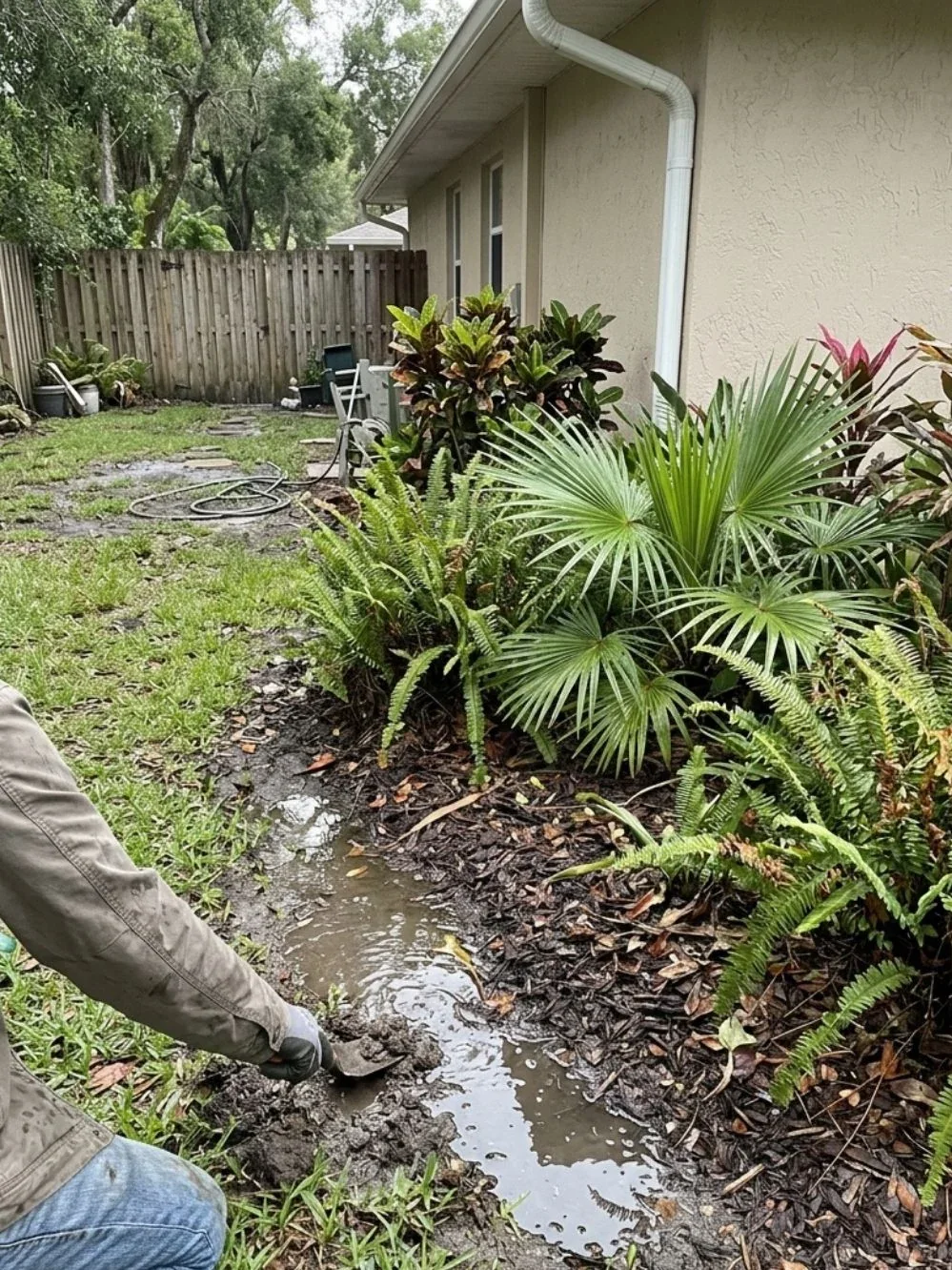 Rain puddles collecting in a garden bed beside fan palms, ferns and a downspout