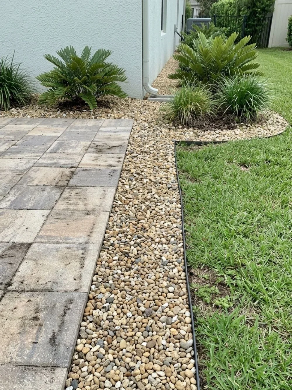 Tan gravel border beside a paved patio and ornamental grasses against a pale house wall