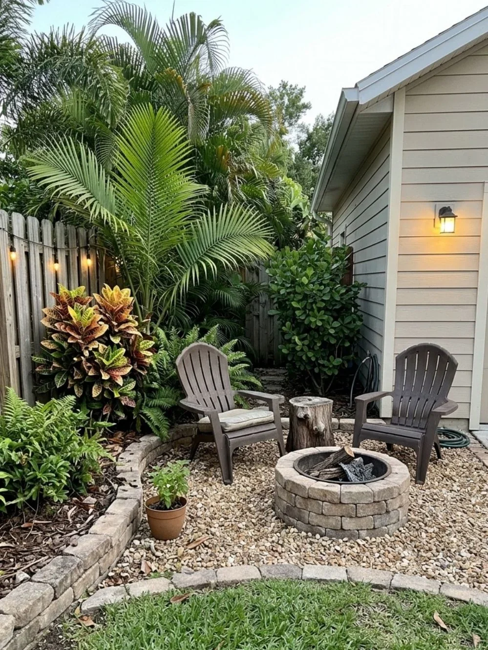 Two patio chairs surrounding a small round stone fire pit beside a Florida home