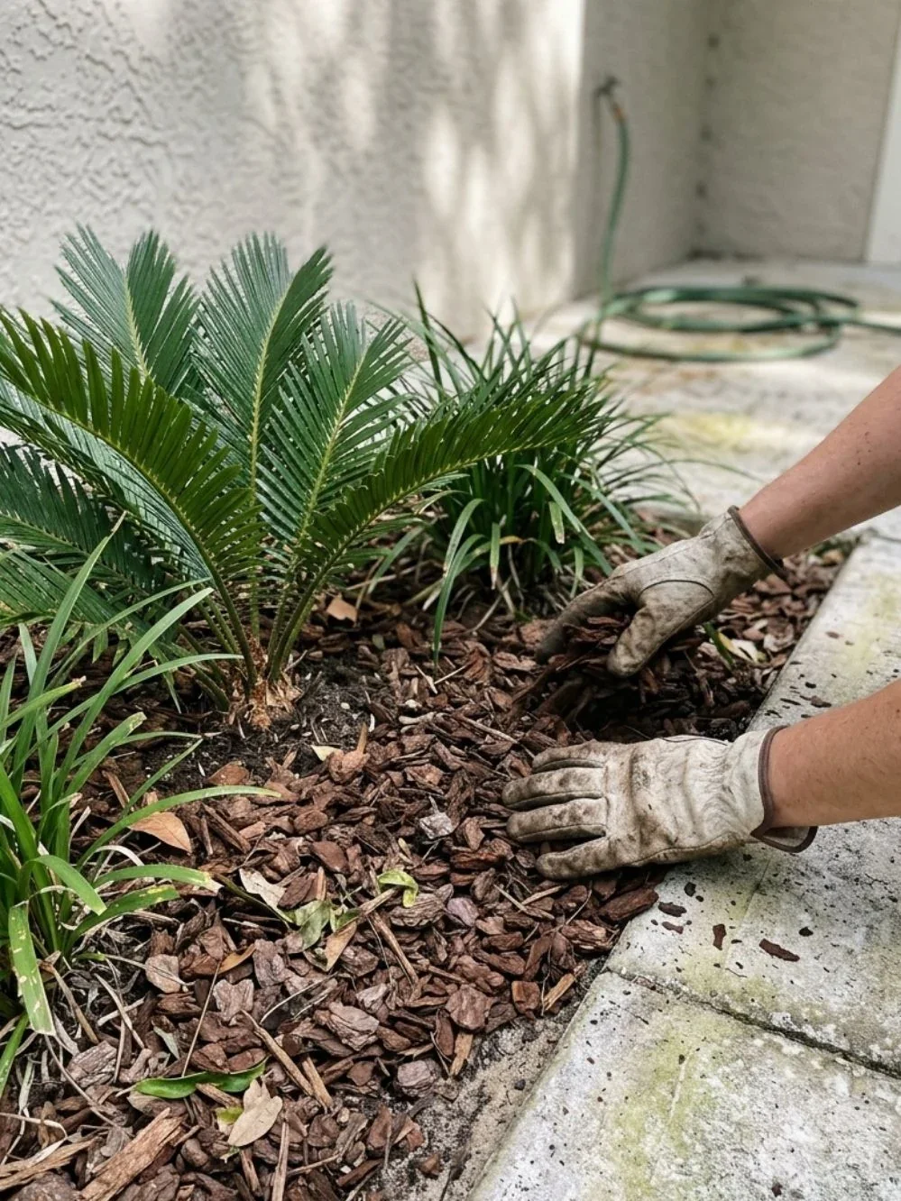 Gardener pressing fresh bark mulch around a cycad in a narrow planting bed beside a patio