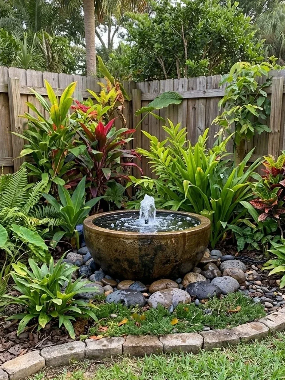 Bubbling stone water bowl surrounded by rounded river rocks and tropical garden foliage