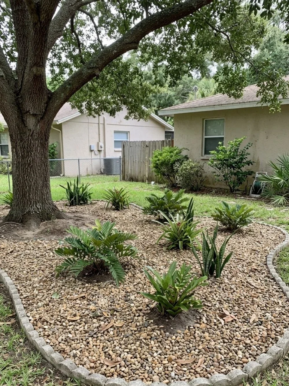 Pale gravel covering a shaded planting island with cycads and other hardy foliage plants