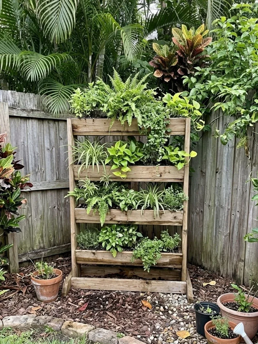 Freestanding wooden vertical planter with cascading ferns and green leafy plants by a fence