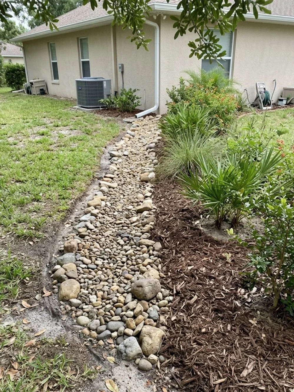 River rocks forming a shallow drainage swale beside a mulched shrub bed and house downspout