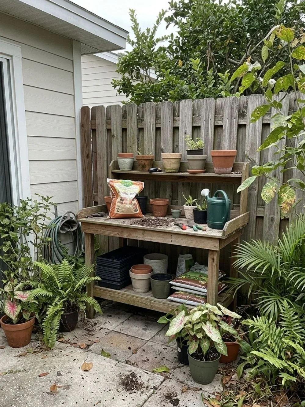 Weathered wooden potting bench holding soil, tools, watering can and terracotta pots in a side yard