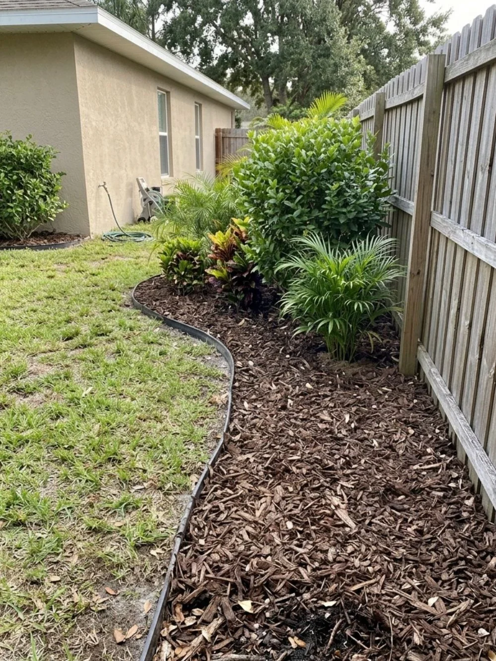 Curved strip of brown wood mulch around garden shrubs beside lawn and a timber fence