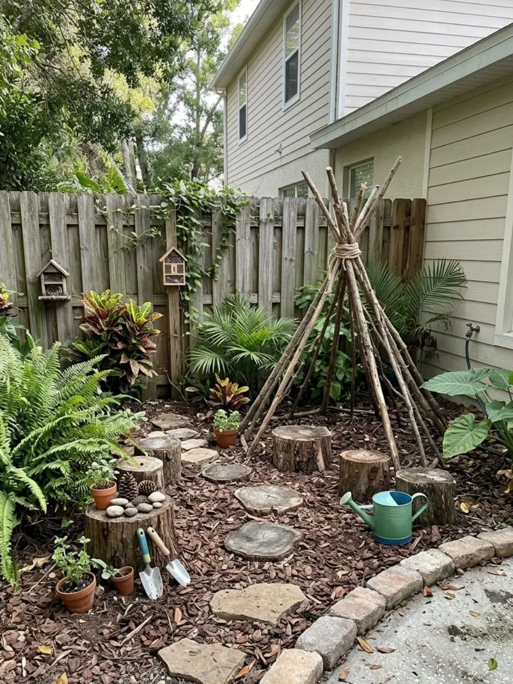 Children's nature nook with a simple branch teepee, tree-stump seats and stepping stones