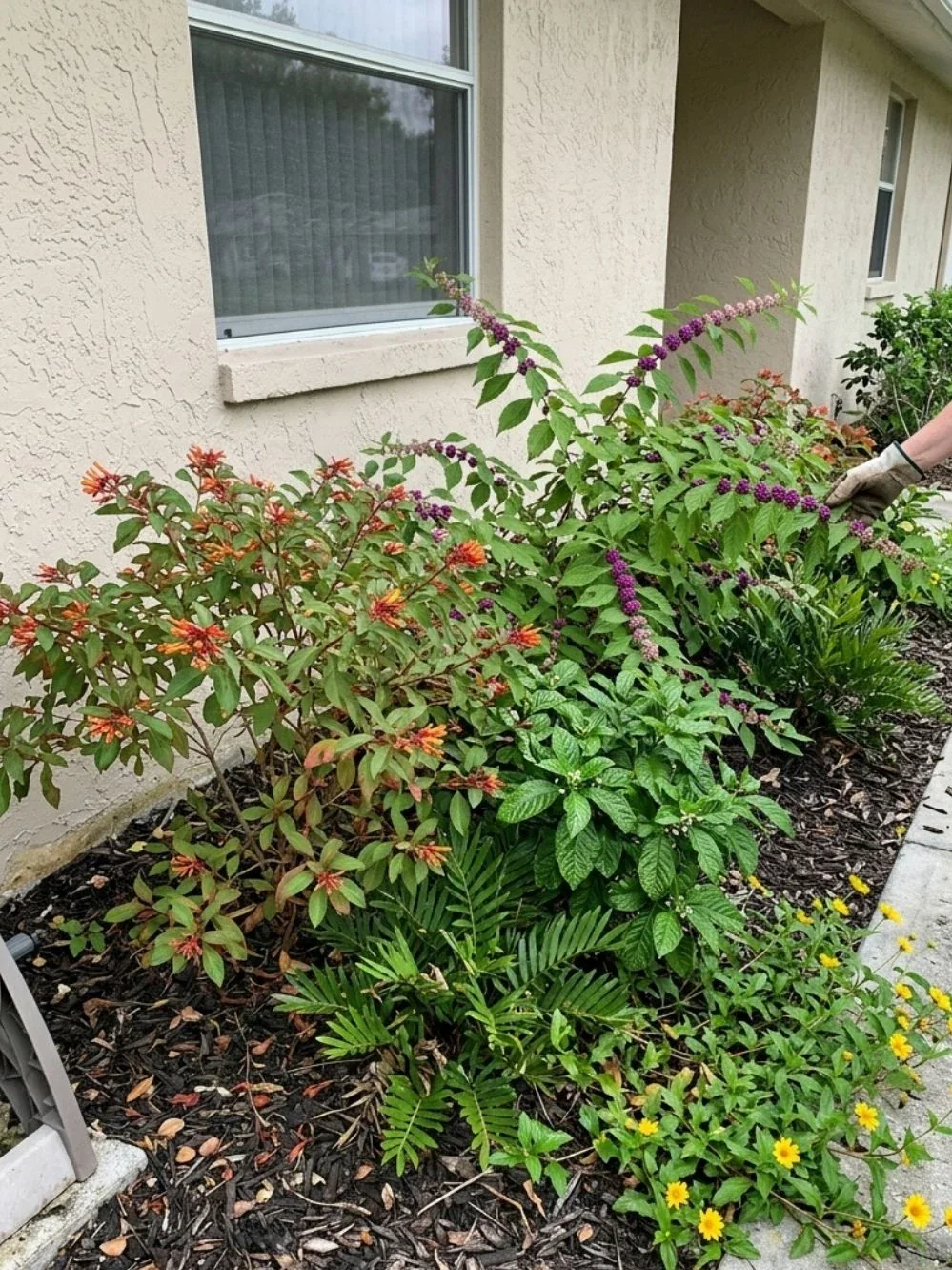 Orange and purple flowering shrubs mixed with smaller garden flowers along a house