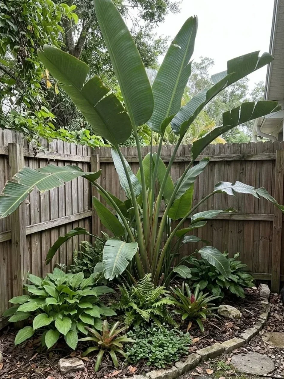 Tall tropical broad-leaf plant as focal point with ferns and smaller foliage in a fenced corner