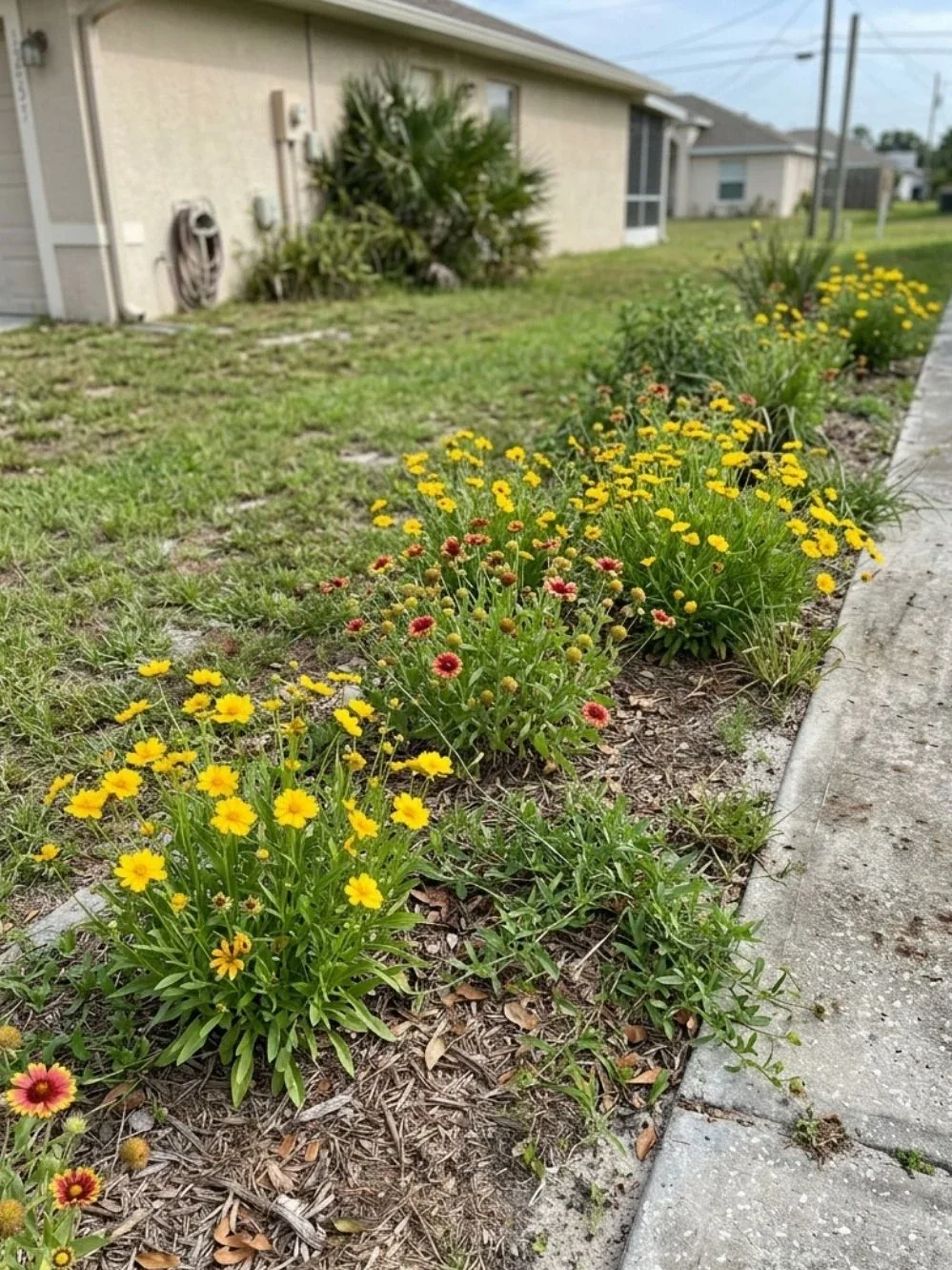 Small yellow and red flowers lining a sunny lawn edge beside a concrete path