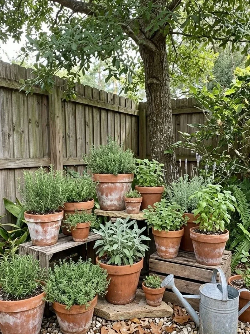 Terracotta pots of leafy culinary herbs arranged on wooden crates under a mature tree