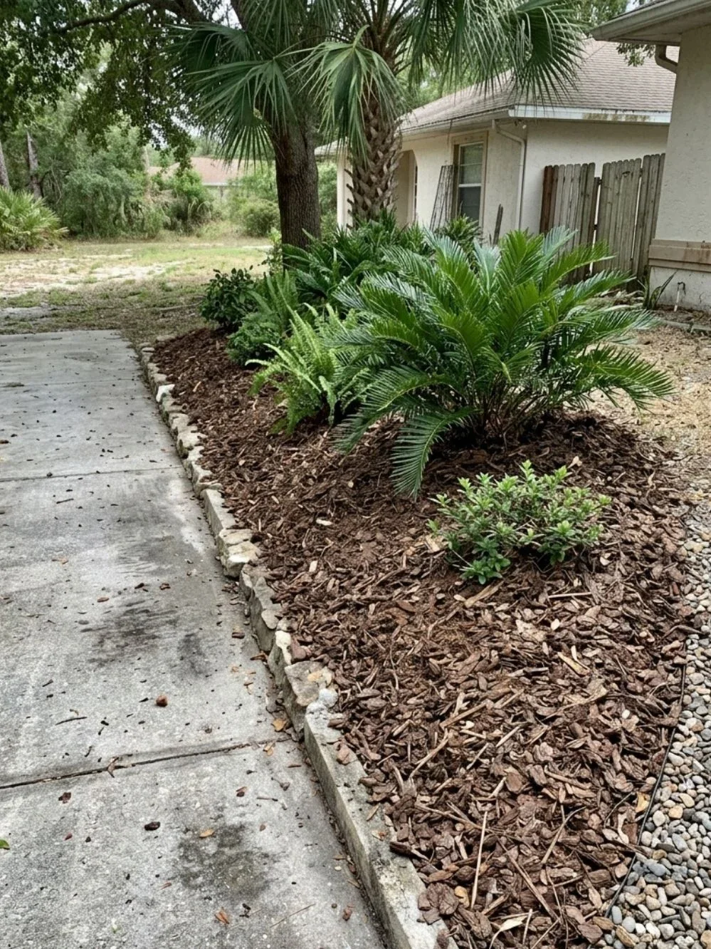 Brown bark mulch around ferns and palms beside a concrete walkway with stone garden edging