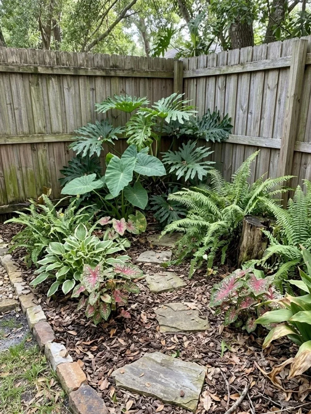 Shaded garden nook with ferns, large split leaves, pink caladiums and rough stepping stones