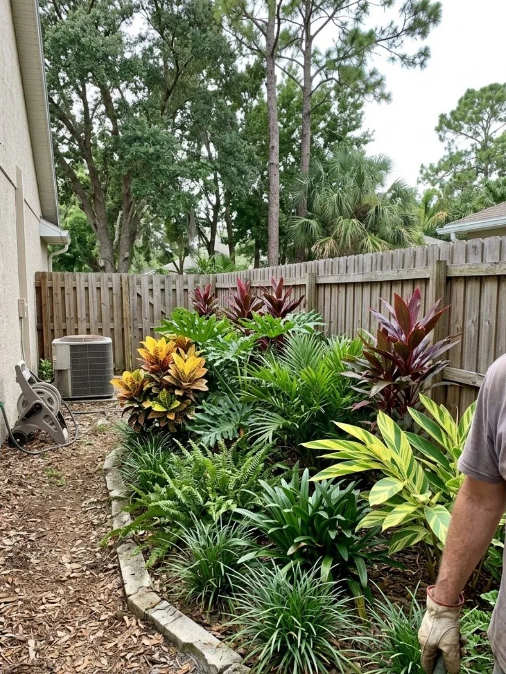 Layered ferns, crotons and broadleaf foliage plants in a narrow backyard bed