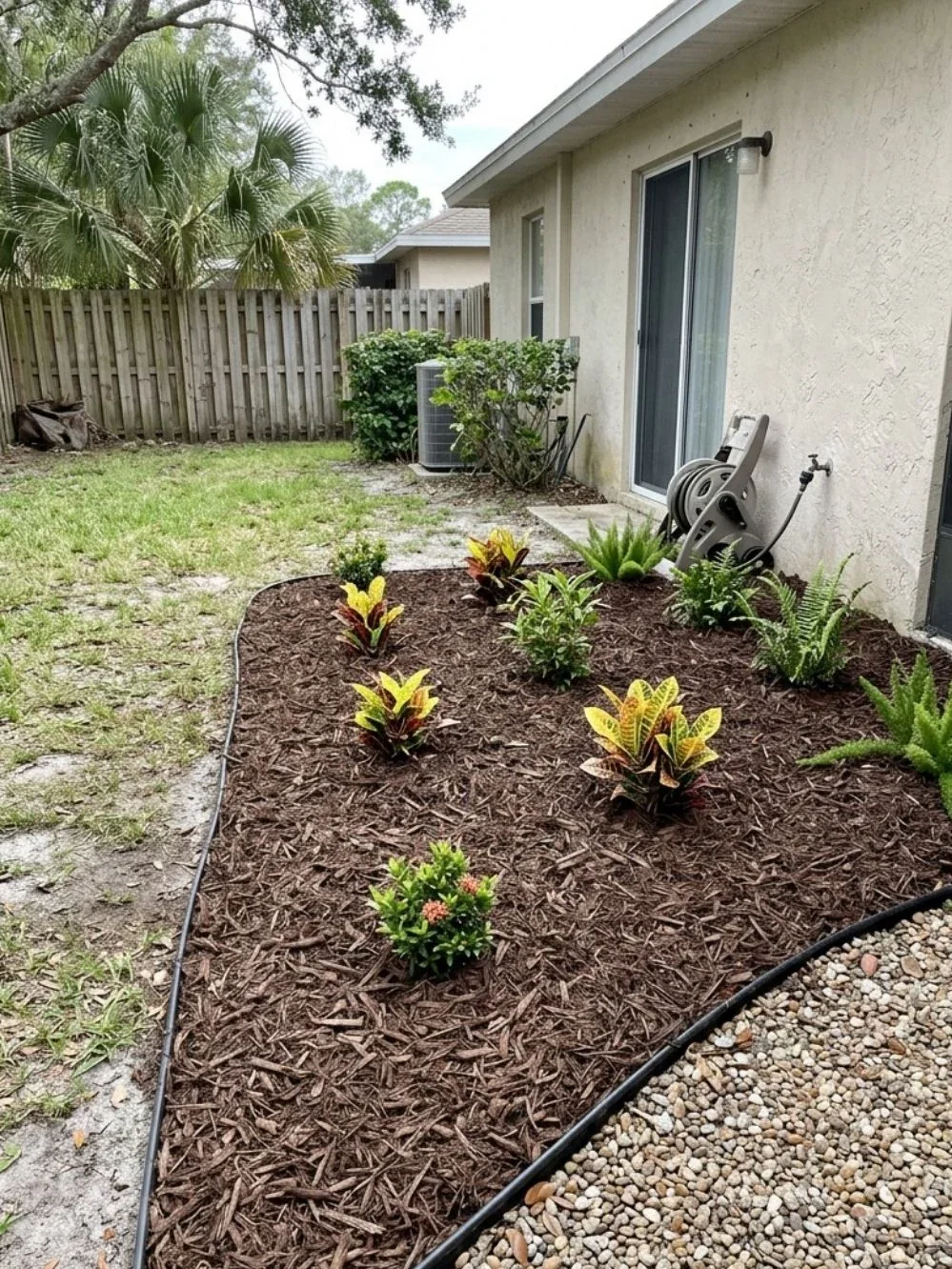 Newly planted crotons and small shrubs in a broad brown-mulched bed beside a house