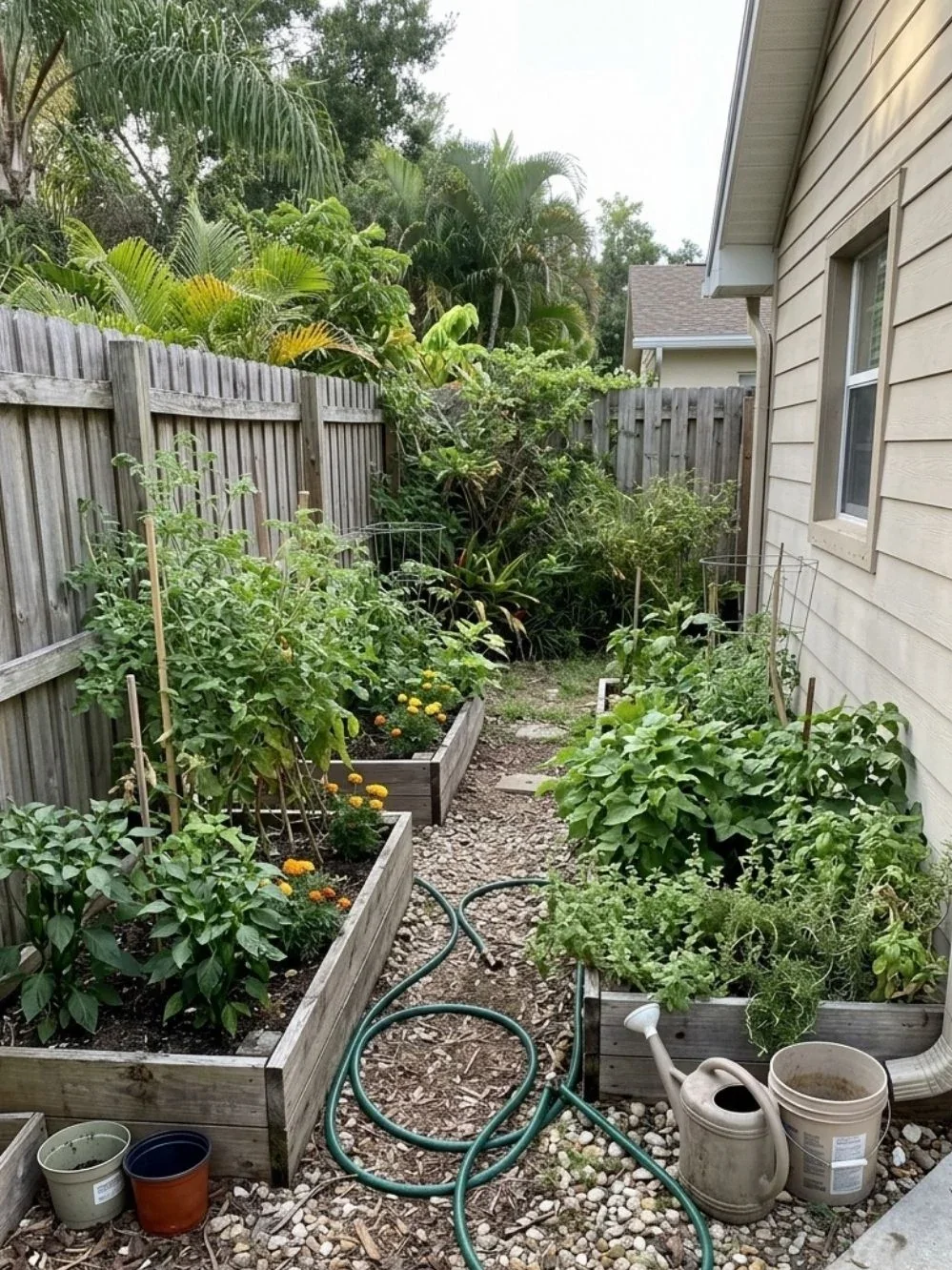 Raised vegetable beds with trellised plants, hose and watering can along a narrow house-side path