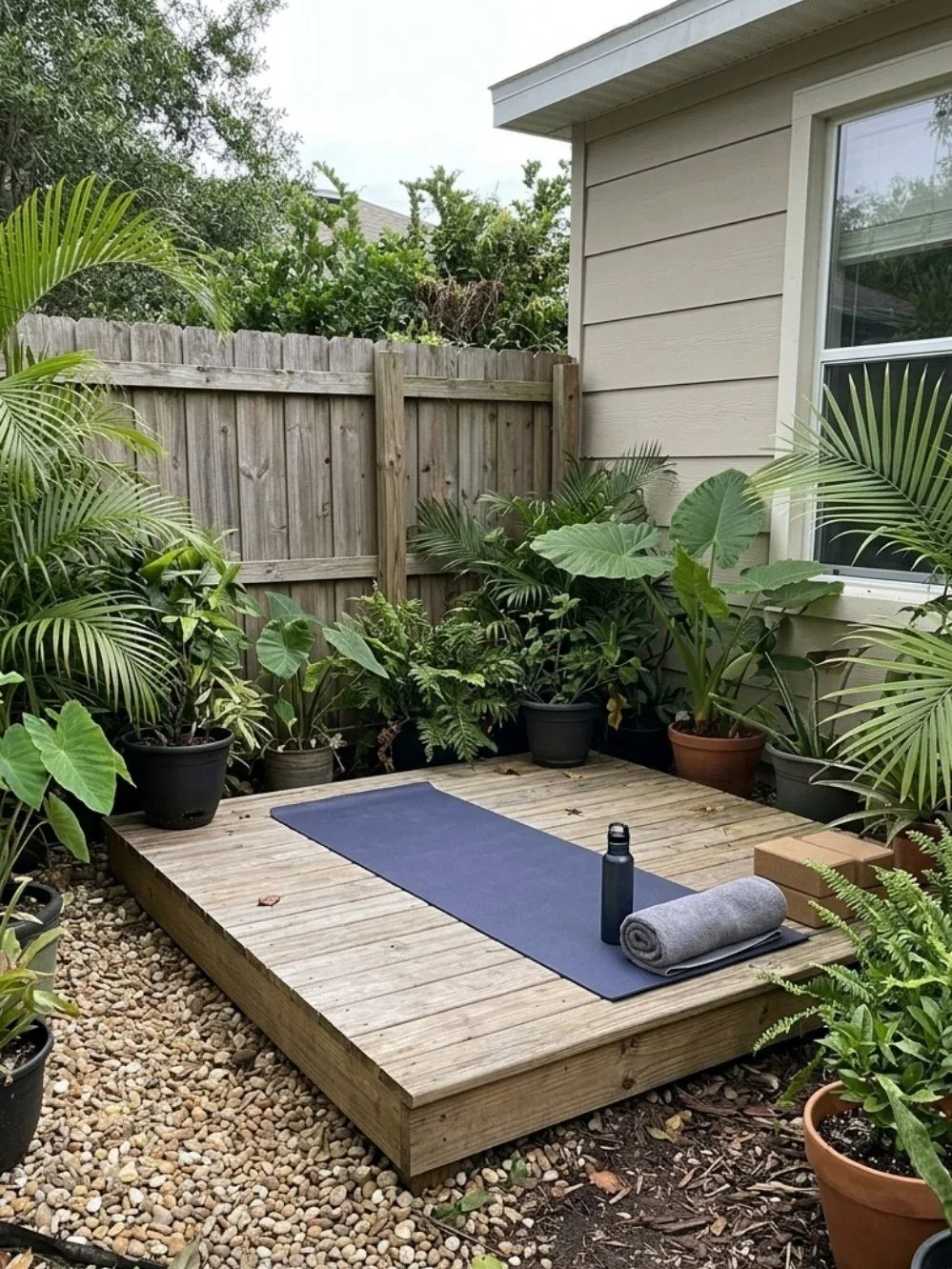 Low wooden outdoor yoga platform with mat, towel and potted tropical plants