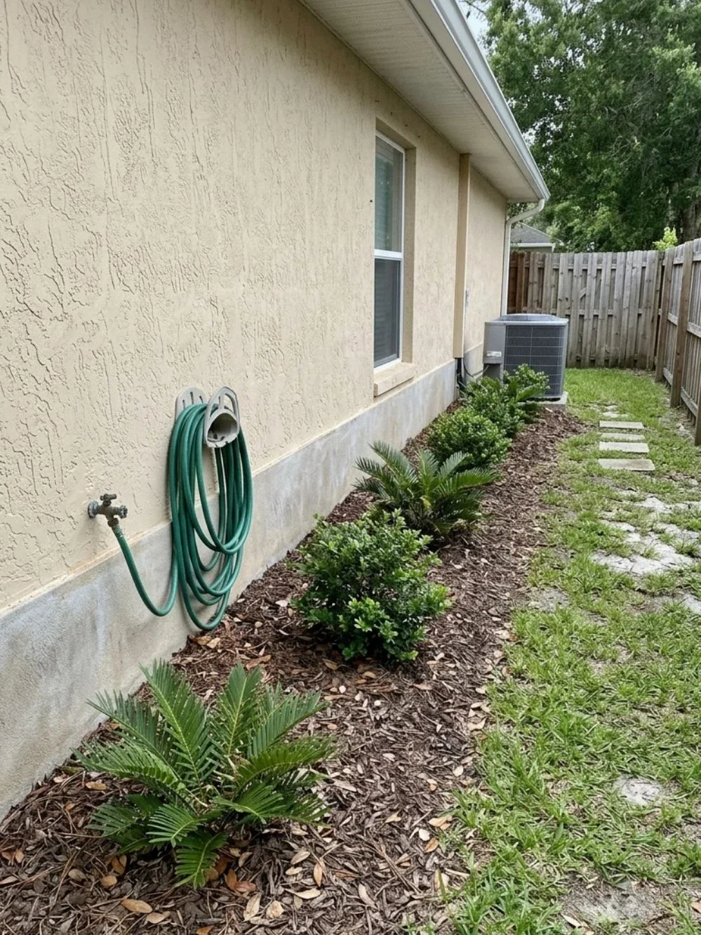 Small evergreen shrubs and low cycads planted below windows beside a path