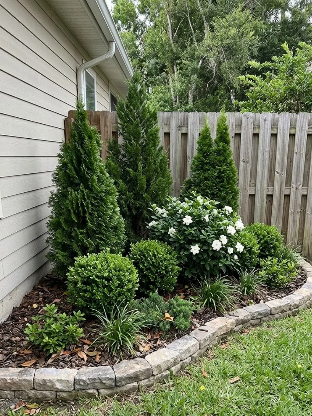 Formal corner planting of upright evergreens, rounded shrubs and white flowers beside the house