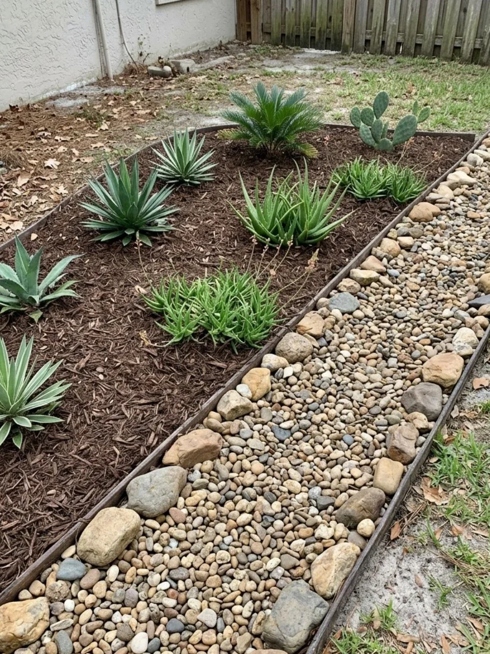 Succulents and low cycads growing in brown mulch beside a light river-rock path