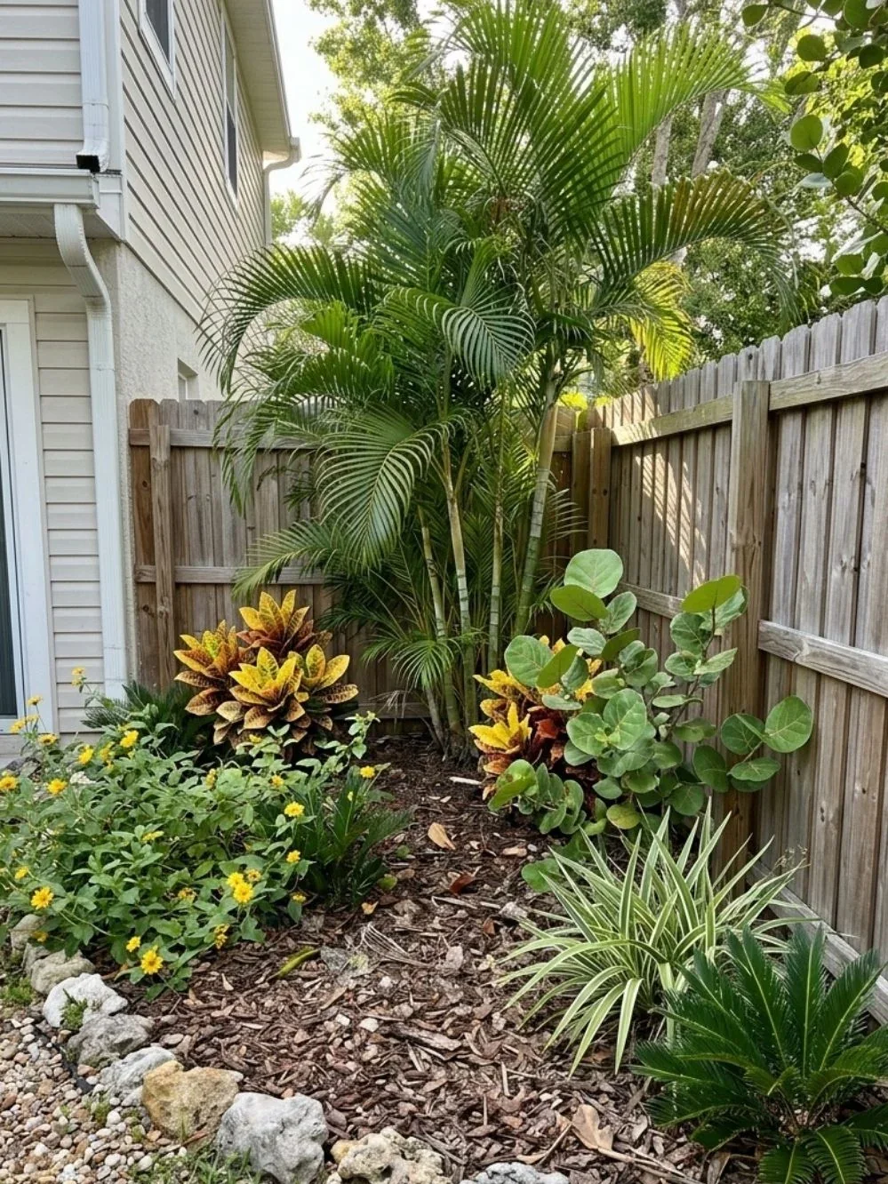 Palm fronds, variegated crotons and low flowering plants in a mulched coastal-style garden corner