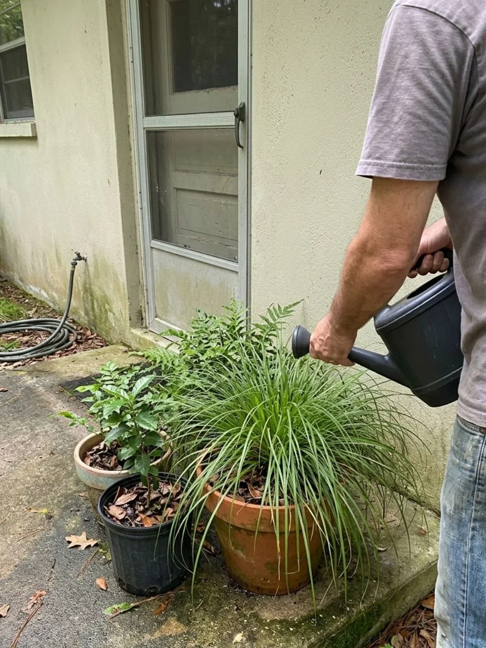 Gardener watering a large clump of ornamental grass in a terracotta pot