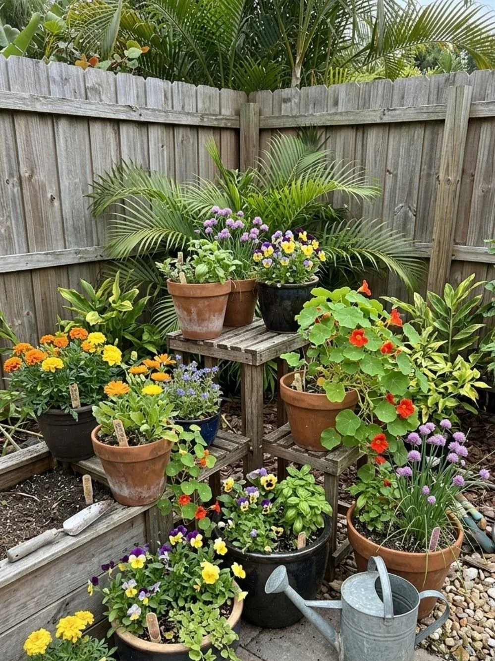 Tiered pots of colorful garden flowers and herbs in a fenced backyard corner