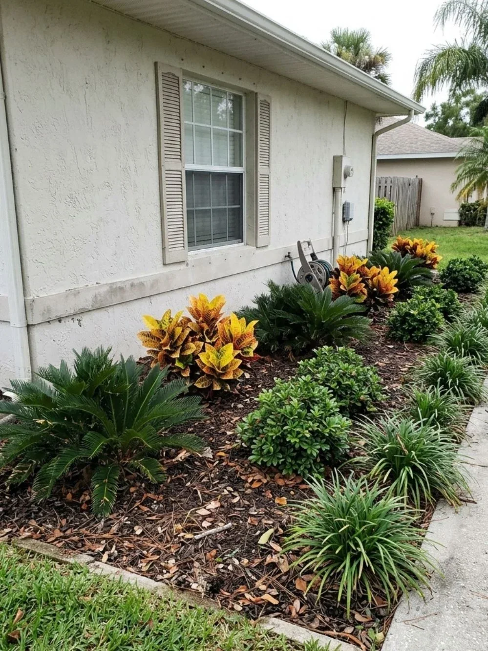 Repeated rounded shrubs, colorful crotons and low grasses layered along a house