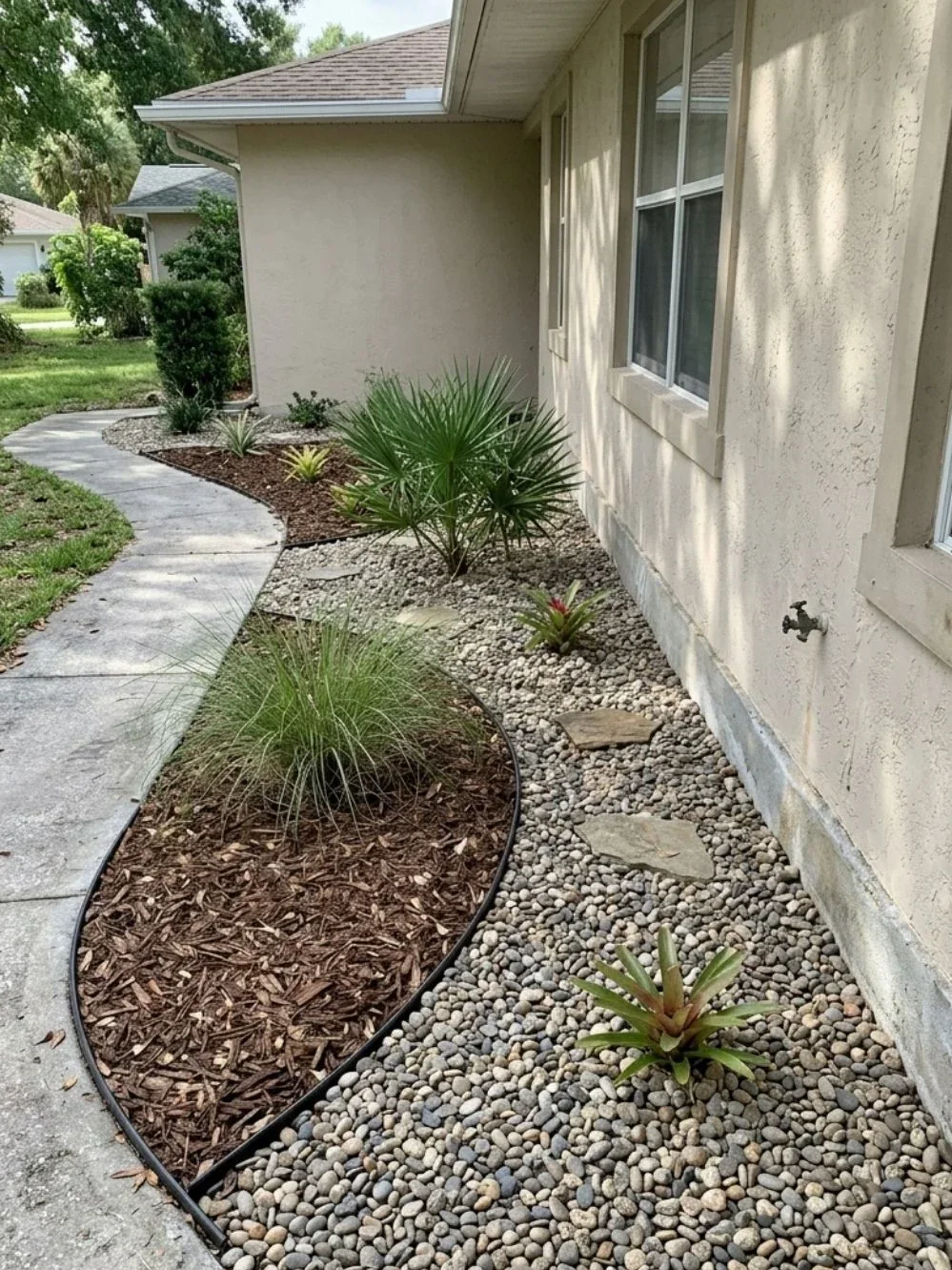 Curving gravel and mulch beds beside a small palm and concrete front-yard sidewalk