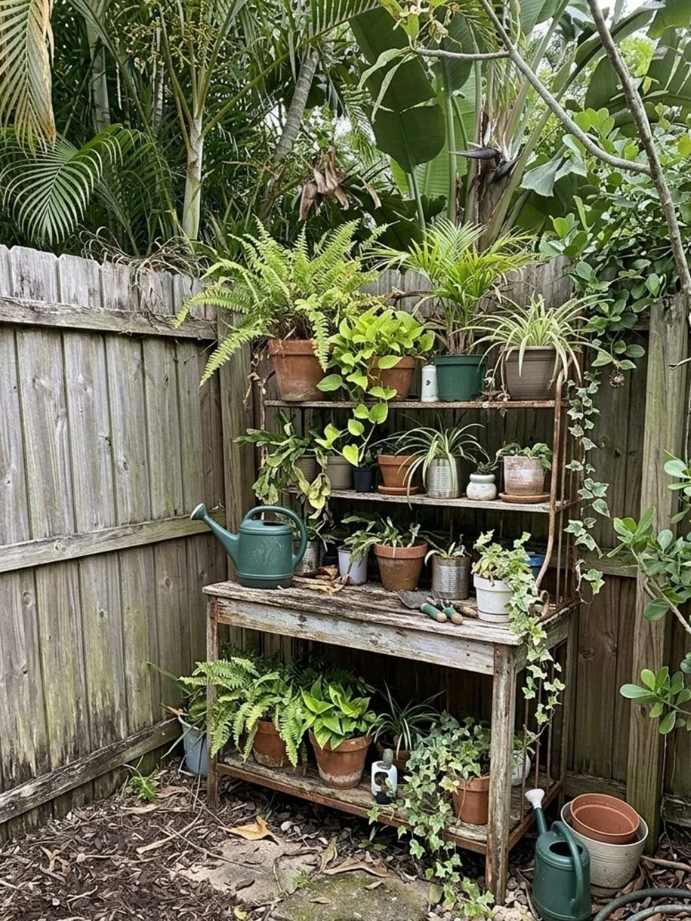 Upcycled open garden shelf displaying small leafy plants, hanging ivy and watering cans