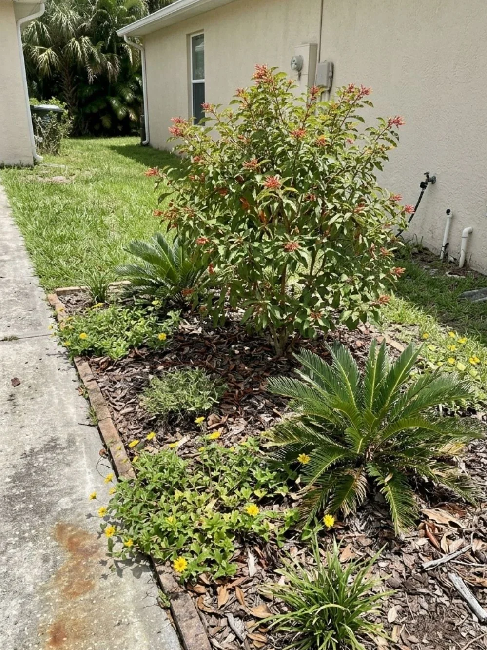 Flowering shrub as a focal point among cycads and low flowers beside a walkway