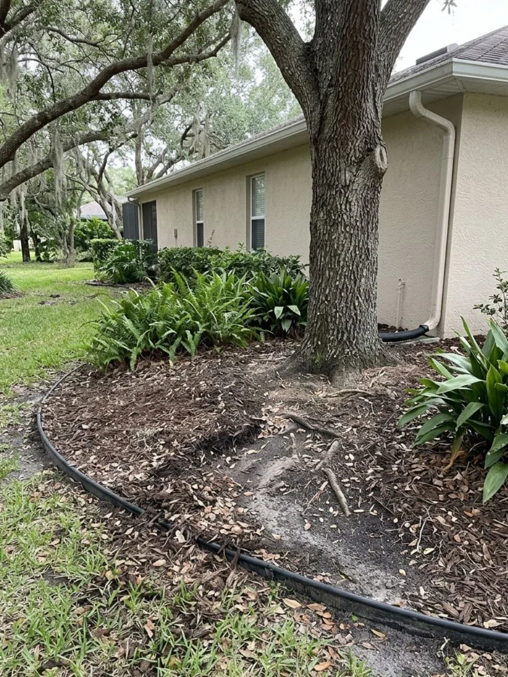 Mature tree roots extending through a brown mulched bed near shrubs and a curved garden edge