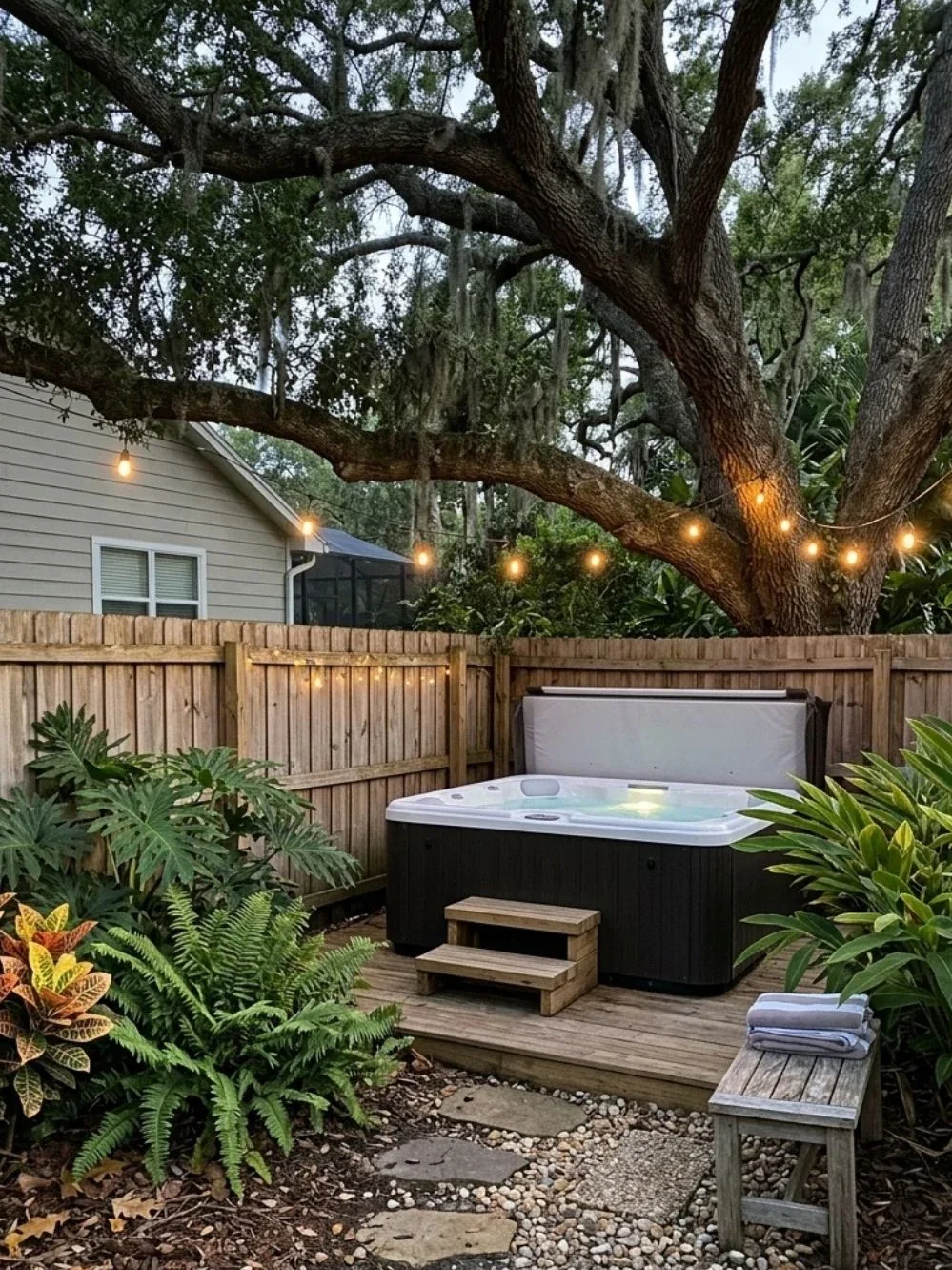 Private hot tub on a wood deck beneath string lights and large mature shade tree