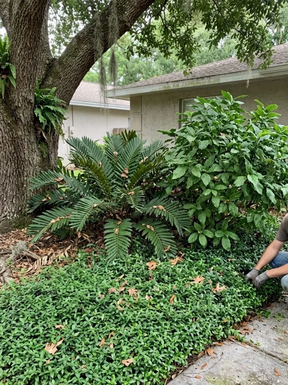 Dense green groundcover beneath a tree with cycads and taller leafy shrubs behind