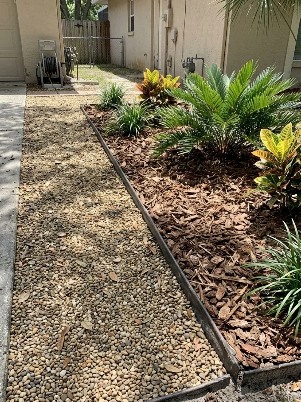 Small gravel path bordered by wood mulch and black plastic edging beside a side-yard walkway