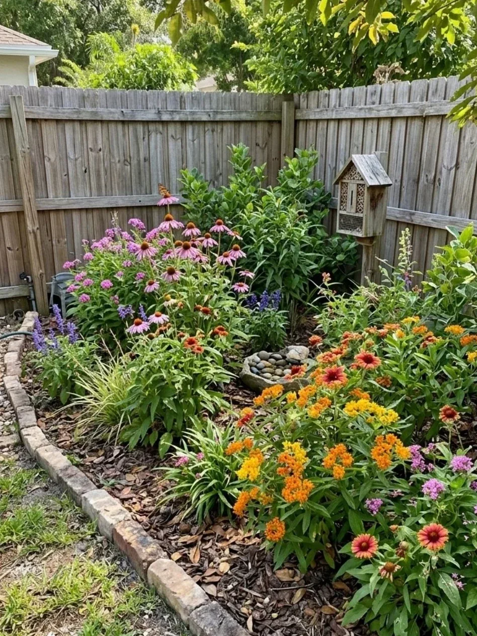 Pollinator garden with purple coneflowers, orange blossoms and wooden insect shelter