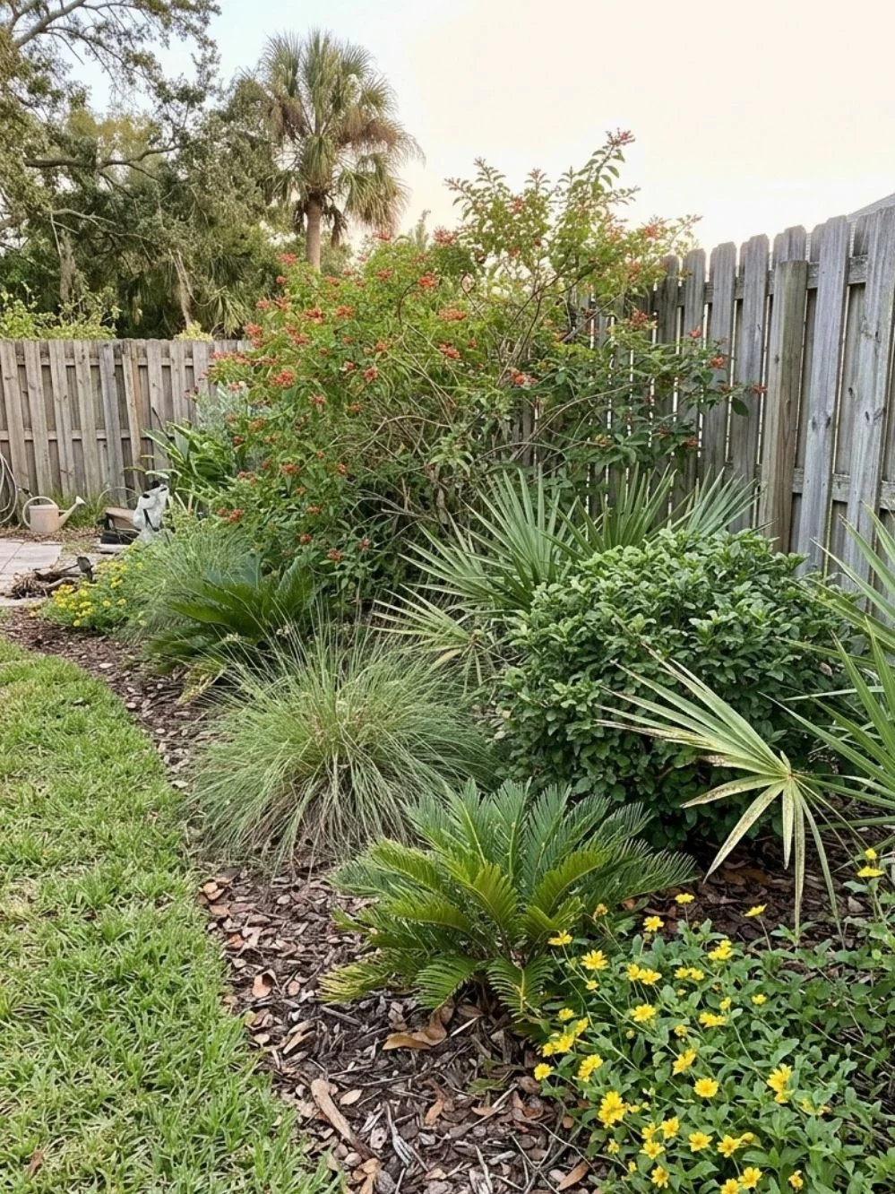 Layered natural shrubs, clumping grasses and flowering plants beside a backyard fence
