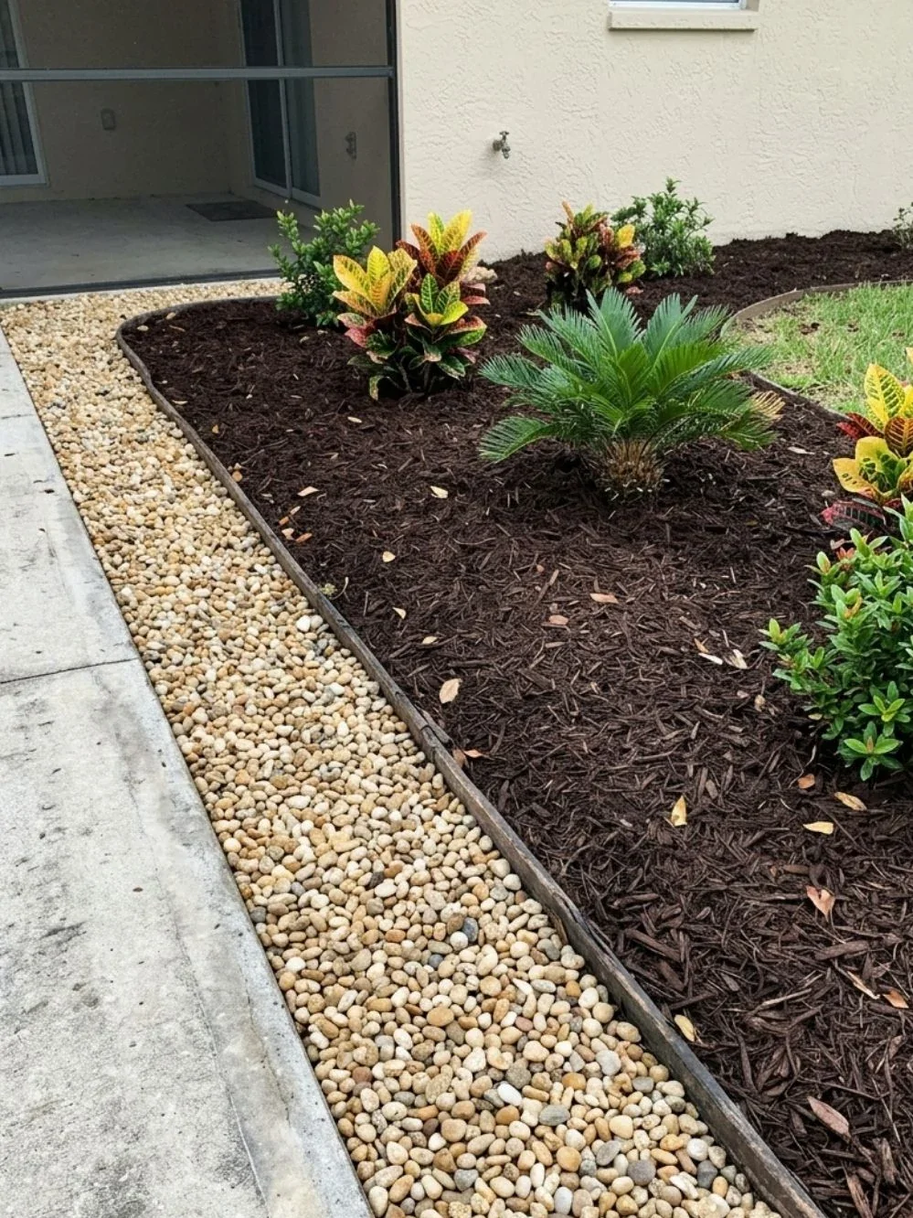 Pale gravel strip beside a dark brown mulched garden bed with crotons and a cycad