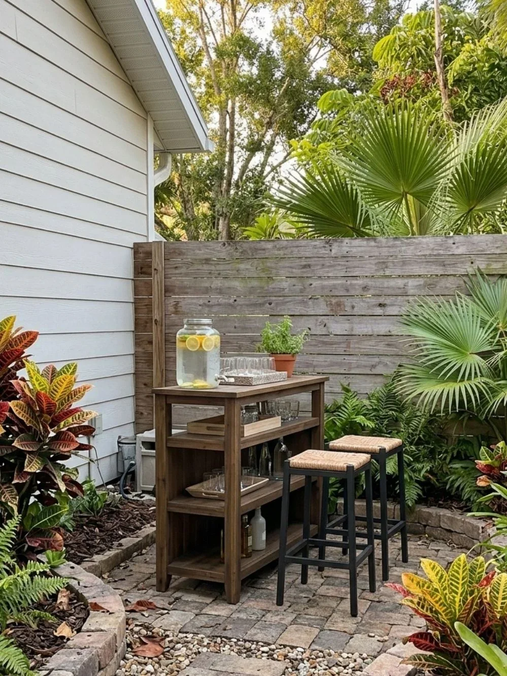 Small outdoor beverage cart with a glass lemon-water dispenser and two tall stools