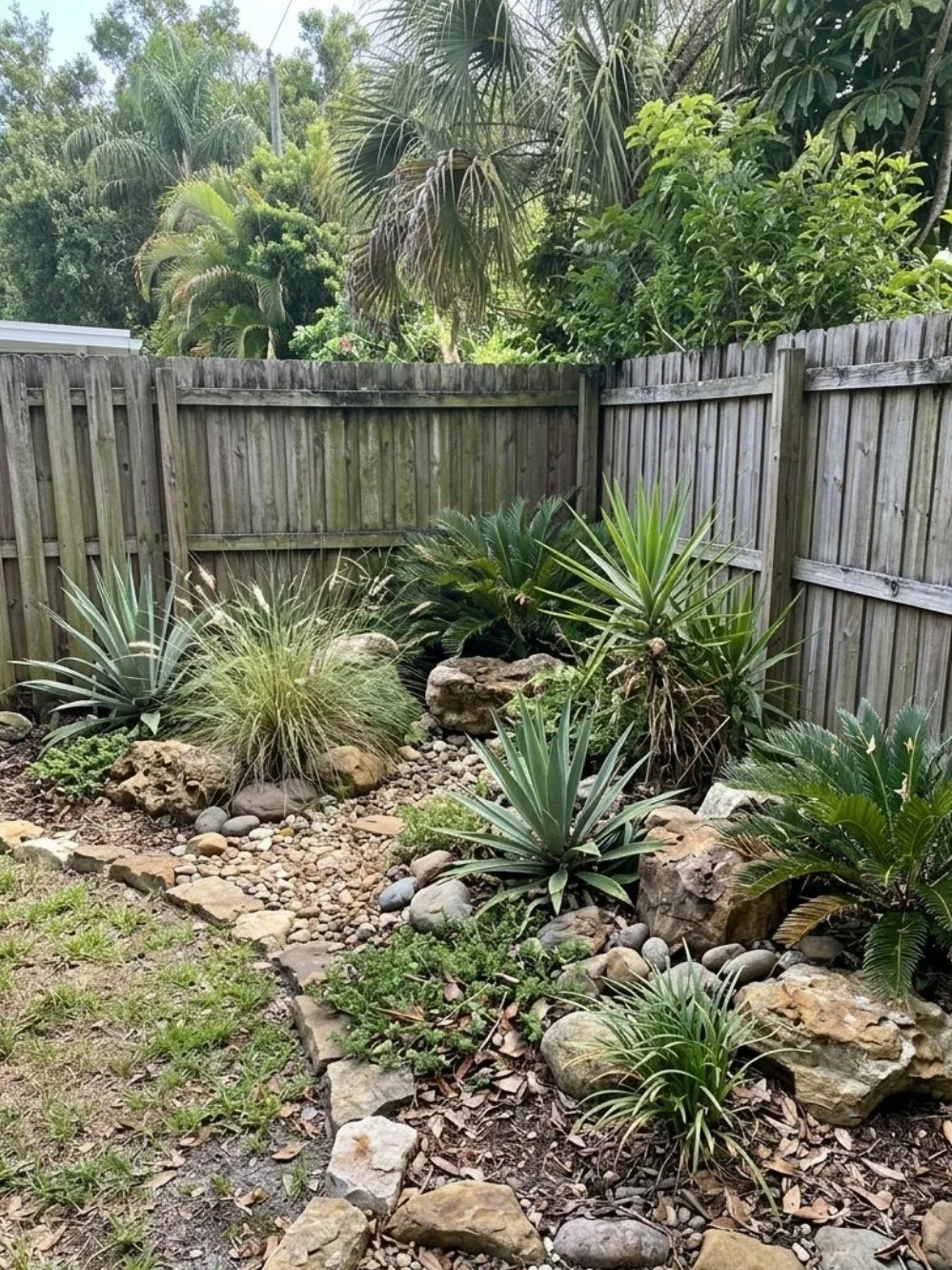 Dry rock garden with spiky agave-like foliage, grasses and mixed natural stones