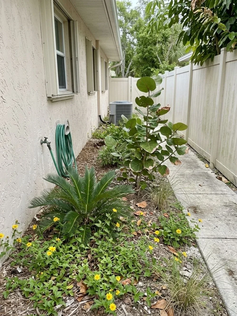 Small coastal-looking leafy tree, cycads and yellow flowers near a Florida side-yard path