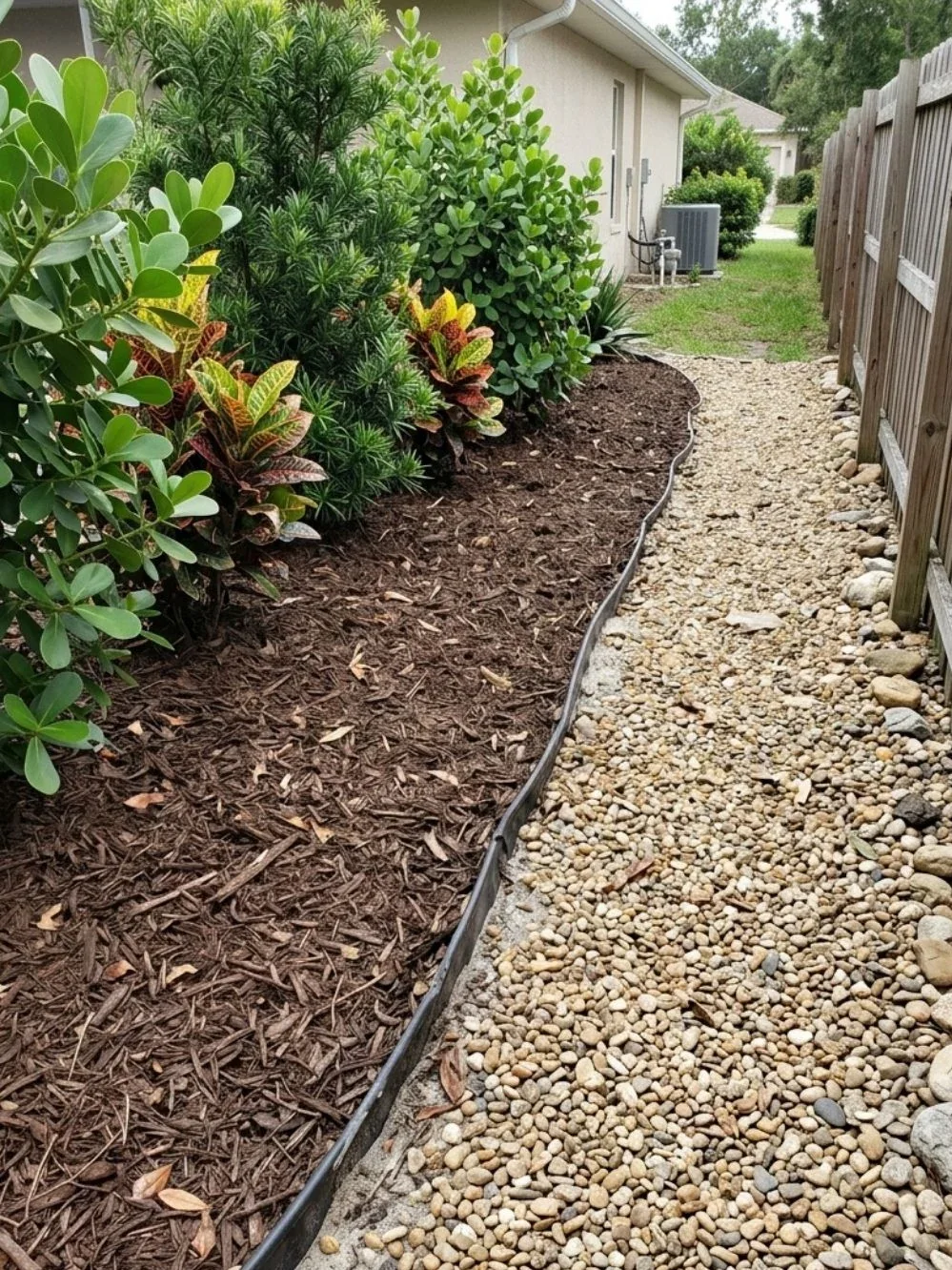 Narrow gravel service path beside a brown-mulched line of privacy shrubs along a wooden fence