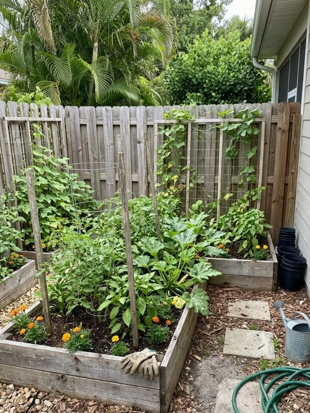 Raised vegetable garden beds with climbing trellises and a narrow stone walkway
