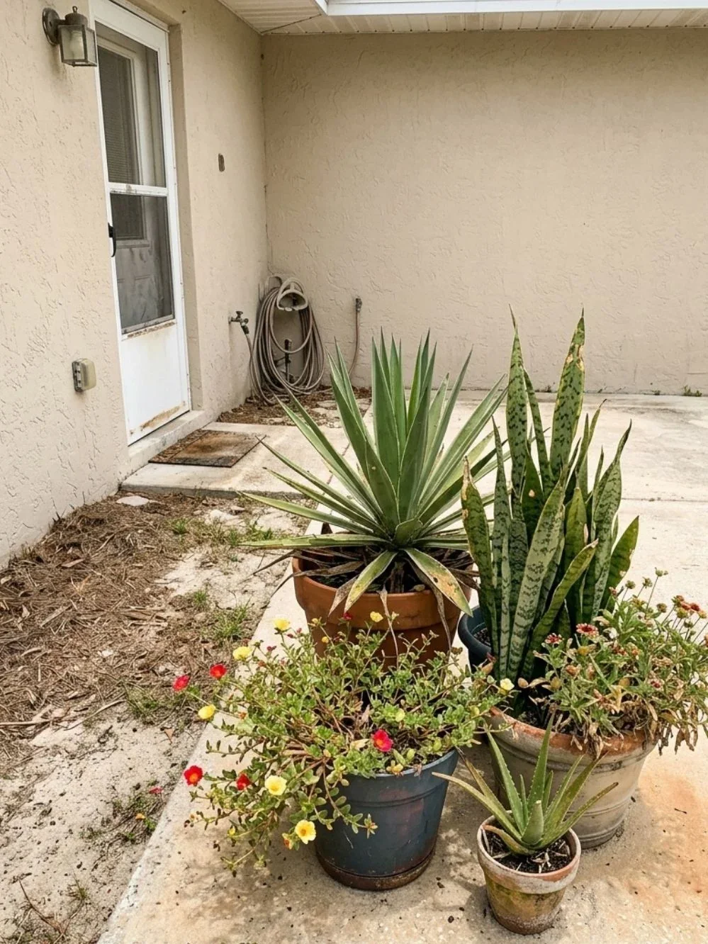 Mixed containers with architectural foliage and small flowers arranged near a patio doorway