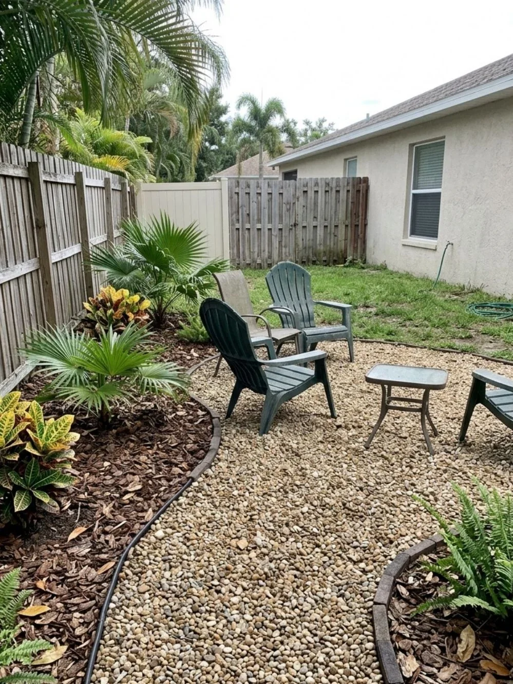 Outdoor chairs and a small table placed on pale pea gravel beside mulched palms and crotons