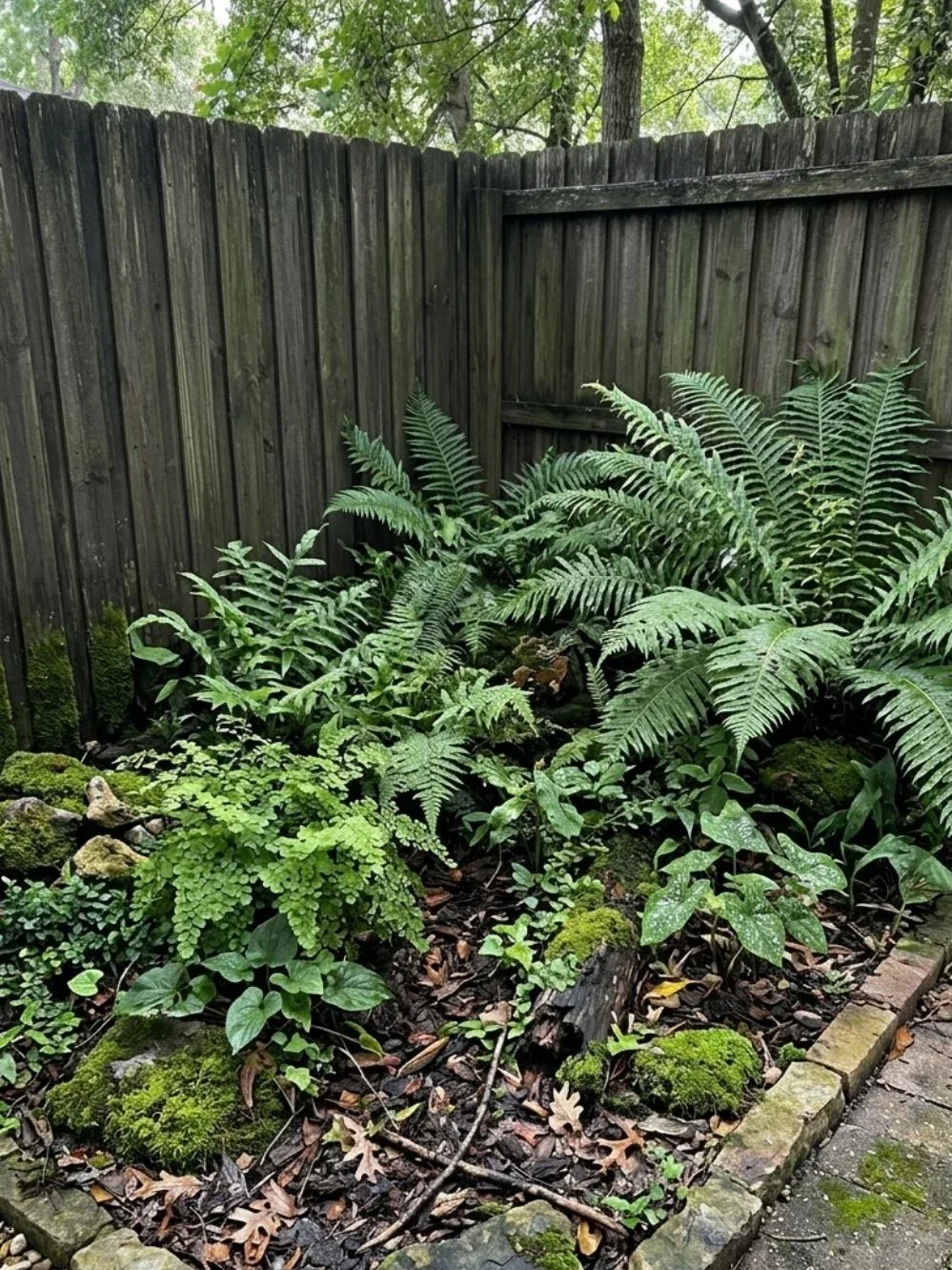 Shade-loving ferns, mossy stones and leafy groundcover beside a weathered timber fence